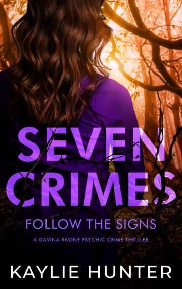 Book cover image for Seven Crimes Follow the Signs shows woman staring off into woods.